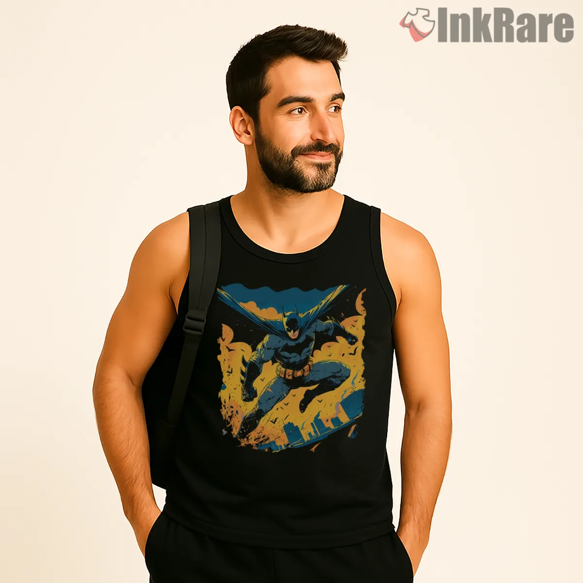 Dynamic Gliding Strike Batman Tank Top Black Dynamic Gliding Strike Batman Shirt on black tank top for men graphic tee