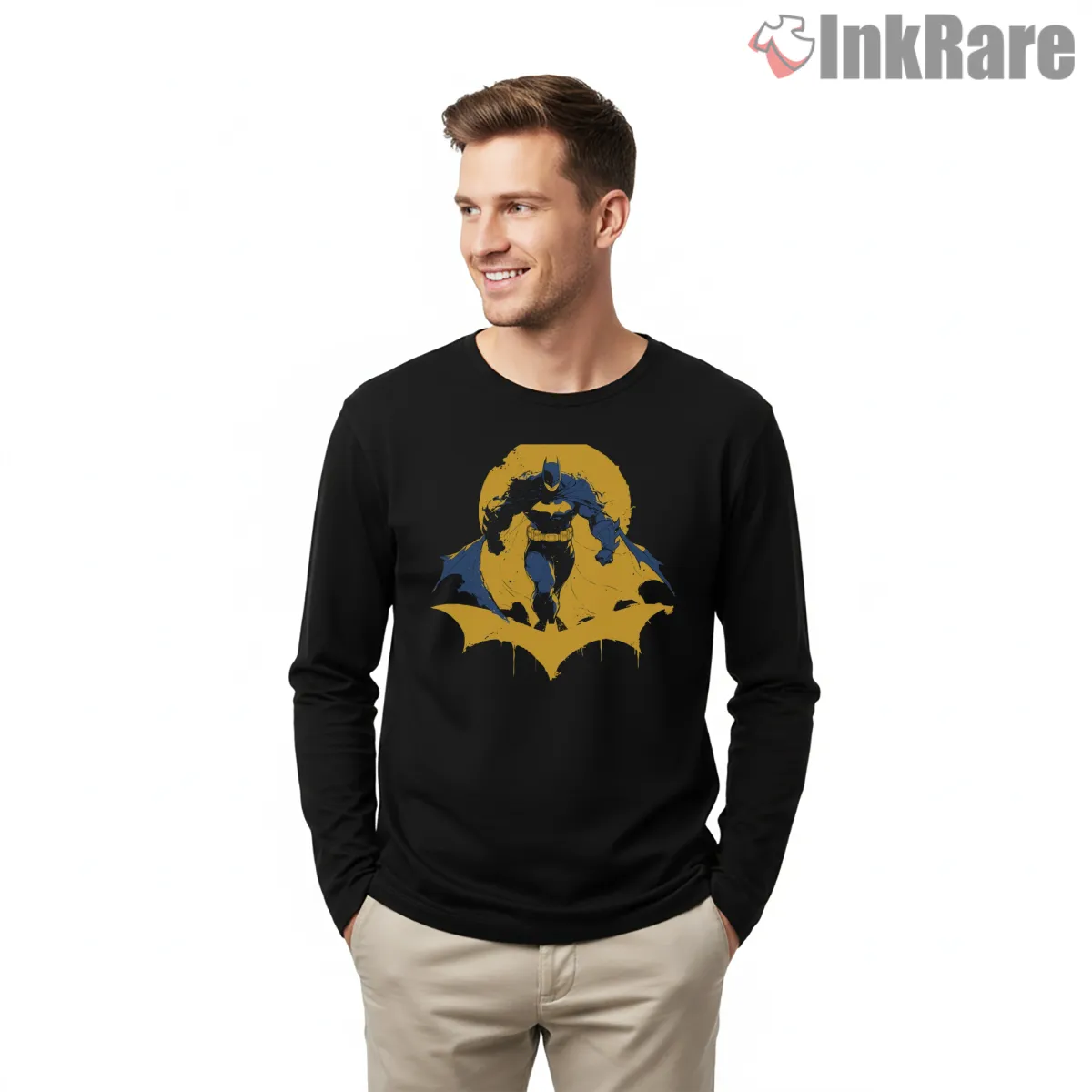 Dynamic Leap Yellow Moon Batman Shirt on black long sleeve shirt for men graphic tee