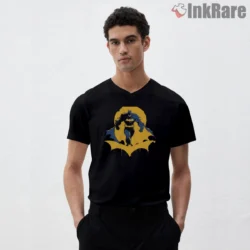 Dynamic Leap Yellow Moon Batman Shirt on black v-neck shirt for men graphic tee