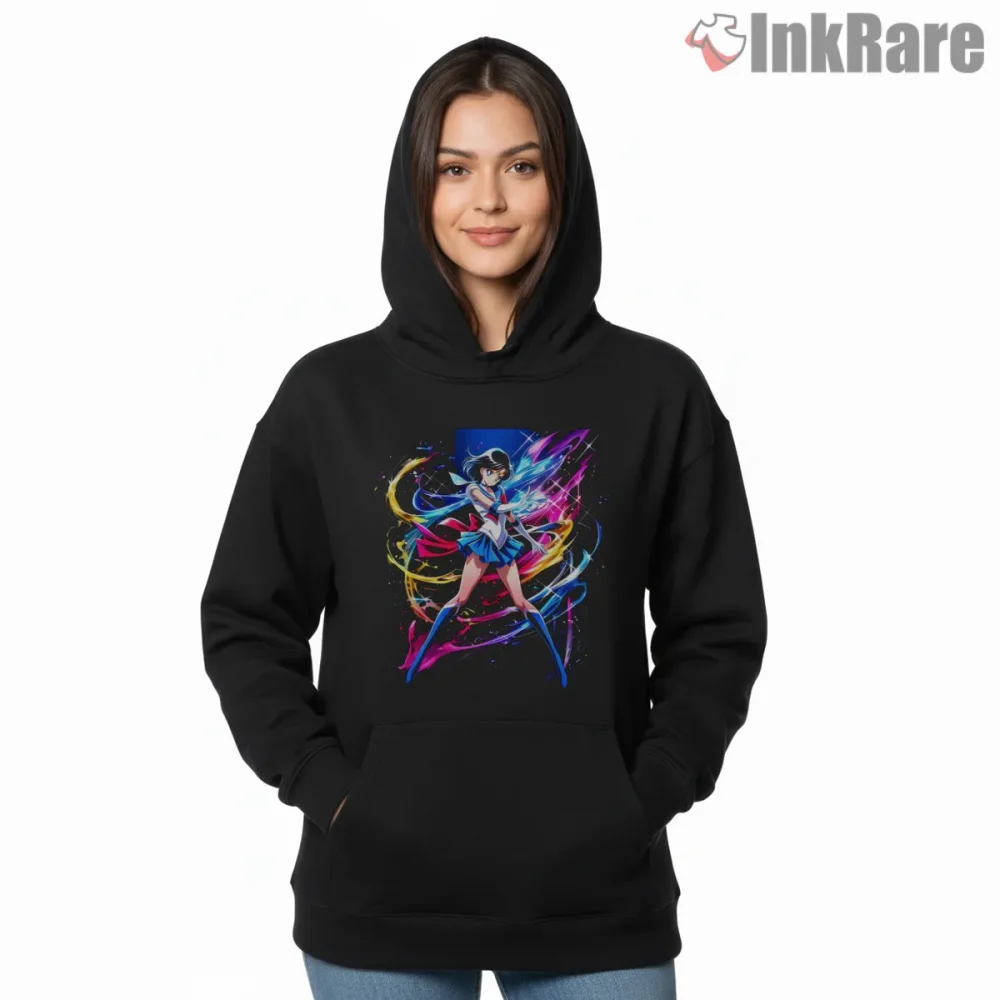 Dynamic Sailor Scout Action Anime Shirt on black hoodie for women graphic tee
