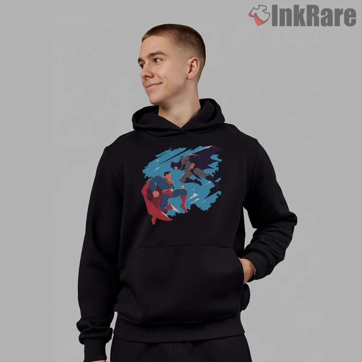 Dynamic Sky Clash Batman Versus Superman Shirt on black hoodie for men graphic tee