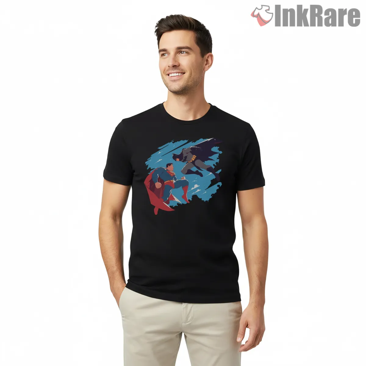 Dynamic Sky Clash Batman Versus Superman Short Sleeve Black Dynamic Sky Clash Batman Versus Superman Shirt on black short sleeve shirt for men graphic tee