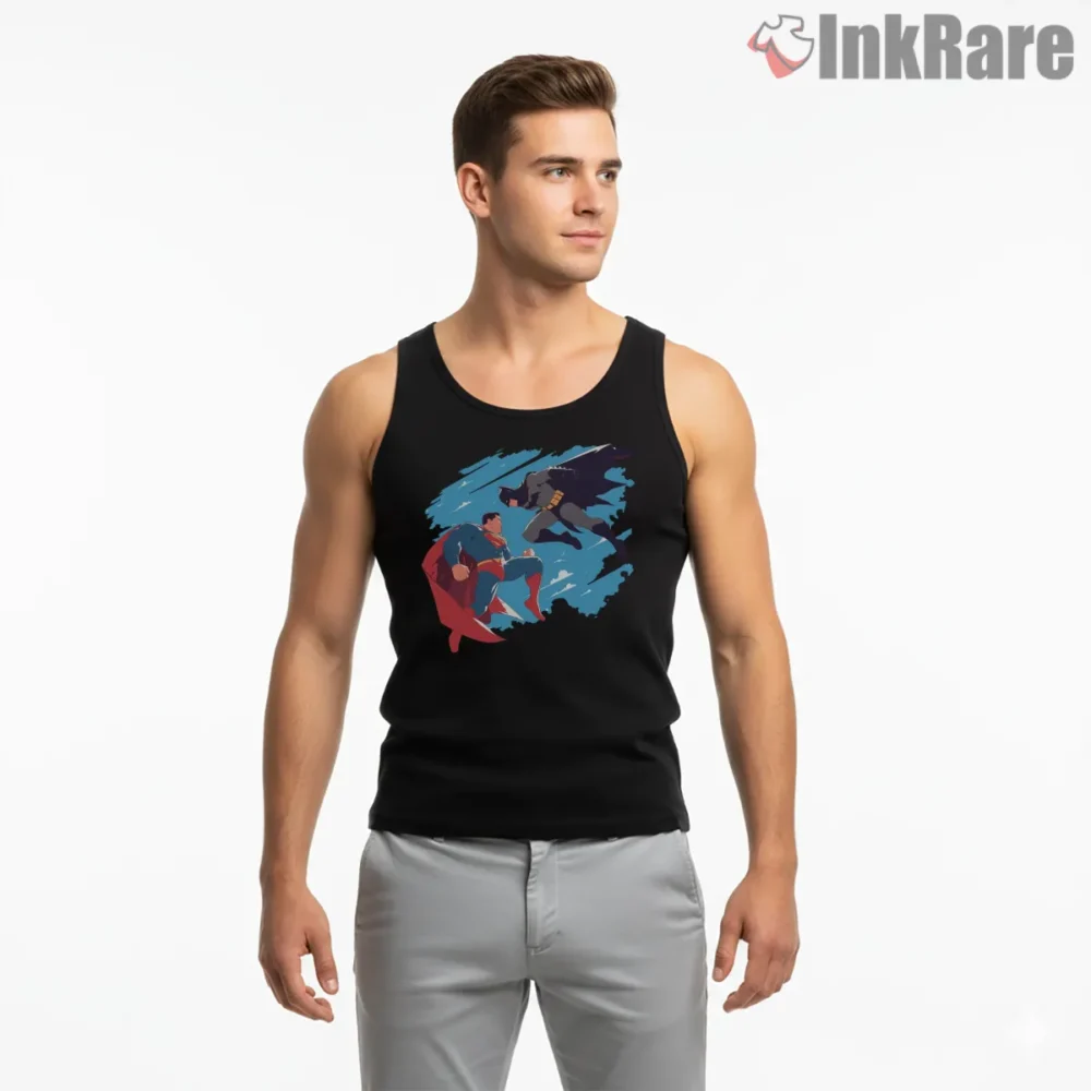 Dynamic Sky Clash Batman Versus Superman Shirt on black tank top for men graphic tee