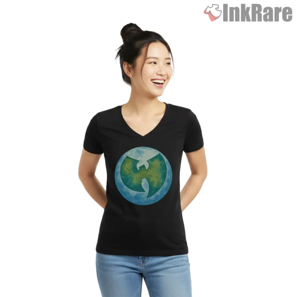 Earth Globe Wu Tang World Emblem Shirt on black v-neck shirt for women graphic tee