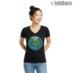 Earth Globe Wu Tang World Emblem Shirt on black v-neck shirt for women graphic tee