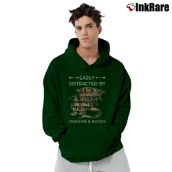 Men’s Easily Distracted By Dragons And Books Funny Pullover Hoodie in forest green | Cozy, Durable, Modern Fit