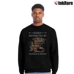 Men’s Easily Distracted By Dragons And Books Funny Crewneck Sweatshirt in black | Cozy Fabric, Clean Style