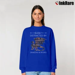 Women’s Easily Distracted By Dragons And Books Funny Relaxed Sweatshirt in royal blue | Soft, Laid-Back Vibe