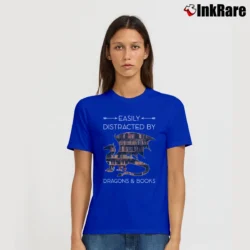 Women’s Easily Distracted By Dragons And Books Funny Signature T-Shirt in royal blue | Soft, Flattering Fit