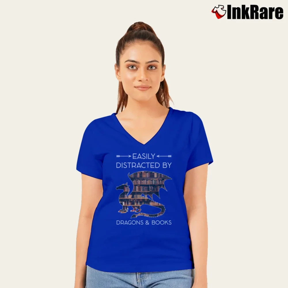 Women’s Easily Distracted By Dragons And Books Funny V-Neck Tee in royal blue | Chic Neckline, Soft Texture