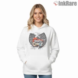 East Coast Graffiti Collage Rap Tribute Shirt on white hoodie for women graphic tee