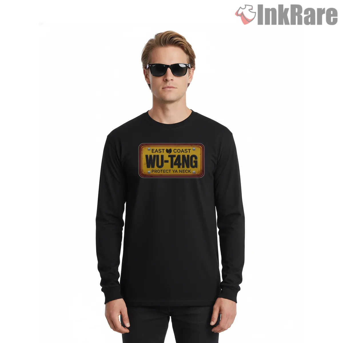 East Coast Wu Tang Protect Ya Neck Plate Style Shirt on black long sleeve shirt for men graphic tee
