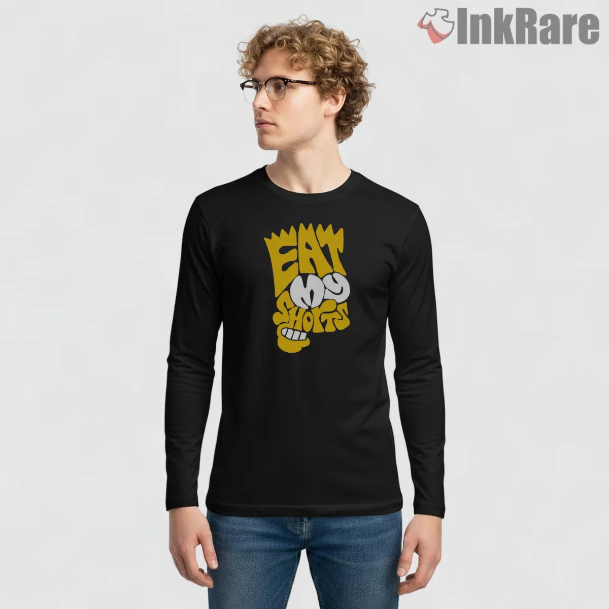 Eat My Shorts Bart Simpson Bold Graffiti Quote Shirt on black long sleeve shirt for men graphic tee