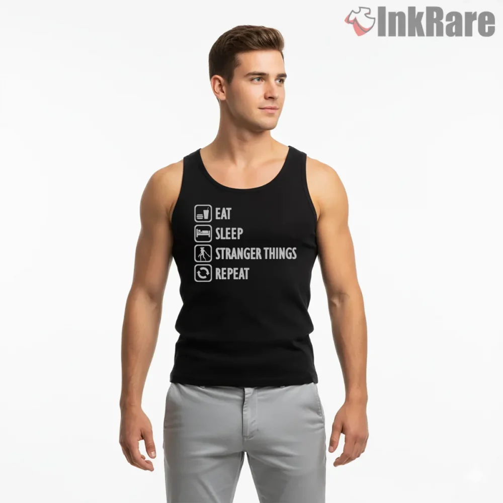 Eat Sleep Stranger Things Repeat Fan Shirt on black tank top for men graphic tee