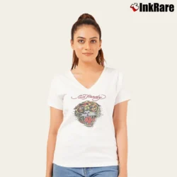 Women’s Ed Hardy Solid Black Tiger V-Neck Tee in white | Chic Neckline, Soft Texture