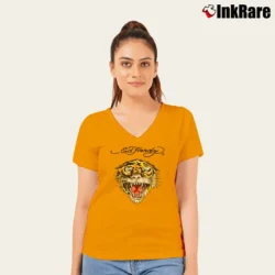 Women’s Ed Hardy Tiger Graphic Tattoo Style V-Neck Tee in orange | Chic Neckline, Soft Texture
