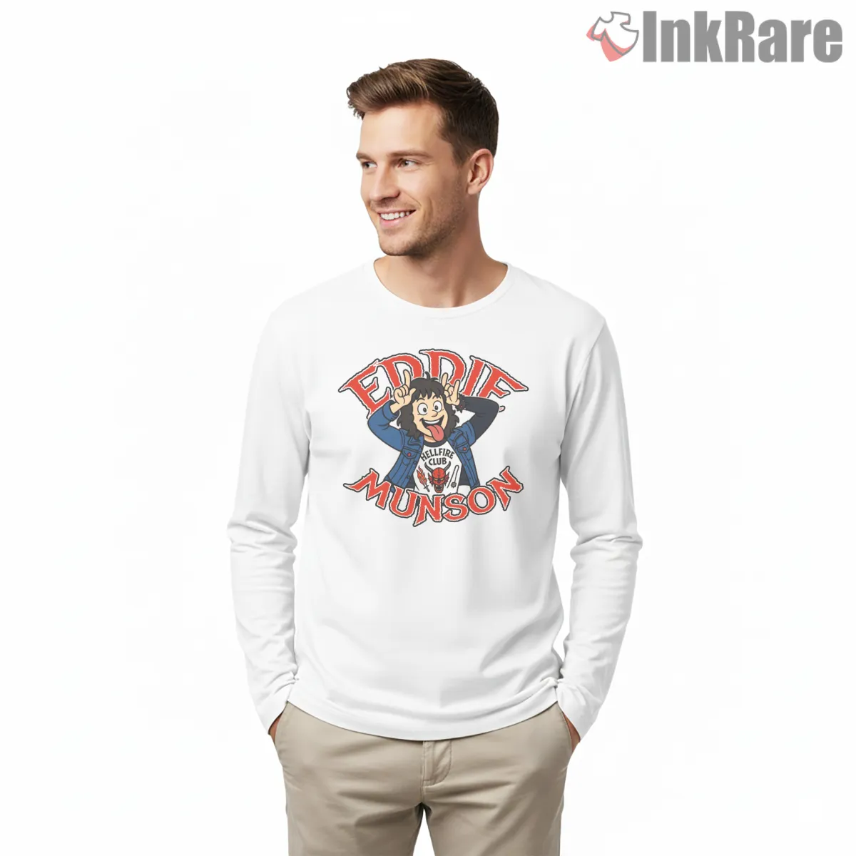 Eddie Munson Hellfire Rebel Portrait Long Sleeve White Eddie Munson Hellfire Rebel Portrait Shirt on white long sleeve shirt for men graphic tee