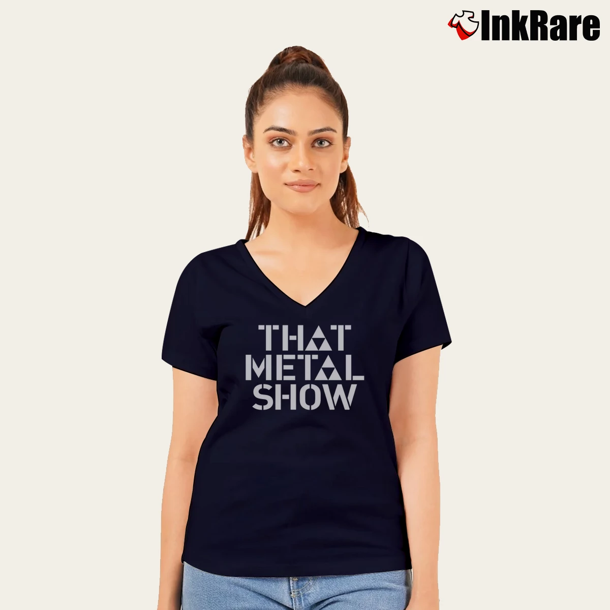 Eddie Trunk That Metal Show Talk Show Women’s V-Neck Tee in navy – Flattering Fit Women’s Eddie Trunk That Metal Show Talk Show V-Neck Tee in navy | Chic Neckline, Soft Texture