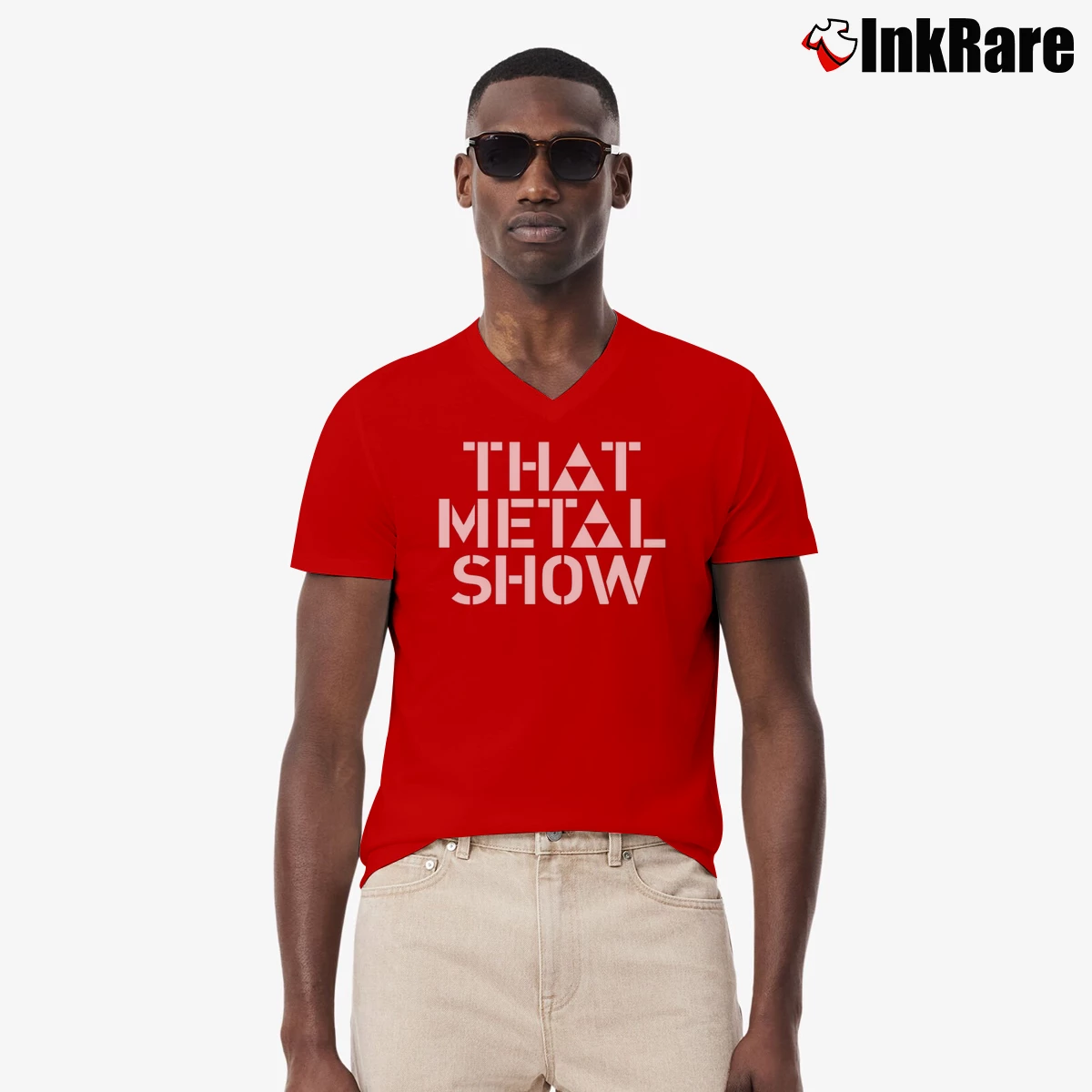 Eddie Trunk That Metal Show Talk Show Men’s V-Neck Tee in red – Modern Essential Men’s Eddie Trunk That Metal Show Talk Show V-Neck Tee in red | Sharp, Breathable, Everyday Staple