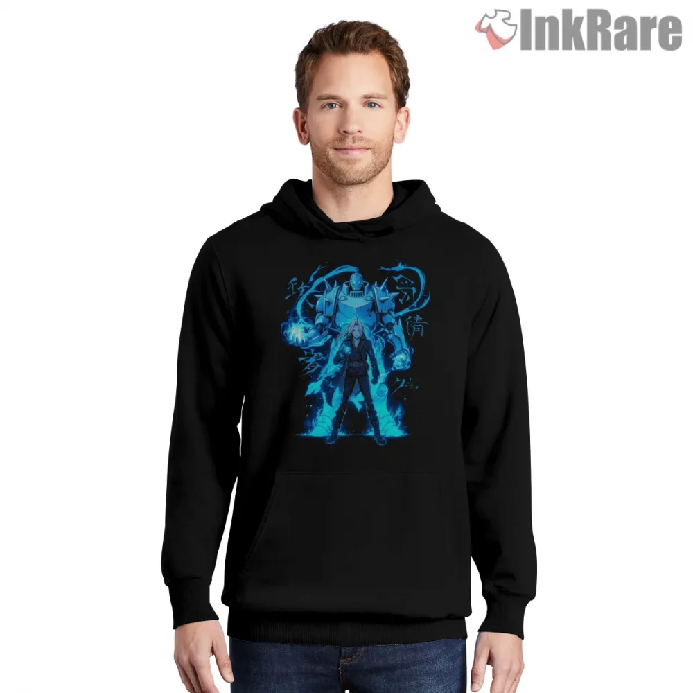 Edward And Alphonse Blue Aura Full Body Anime Shirt on black hoodie for men graphic tee