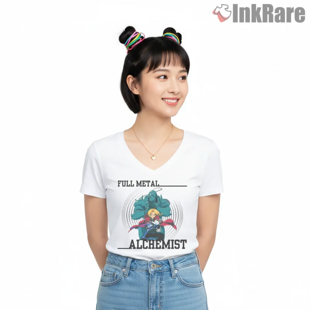 Edward And Alphonse Clean Circle Composition Anime Shirt on white v-neck shirt for women graphic tee