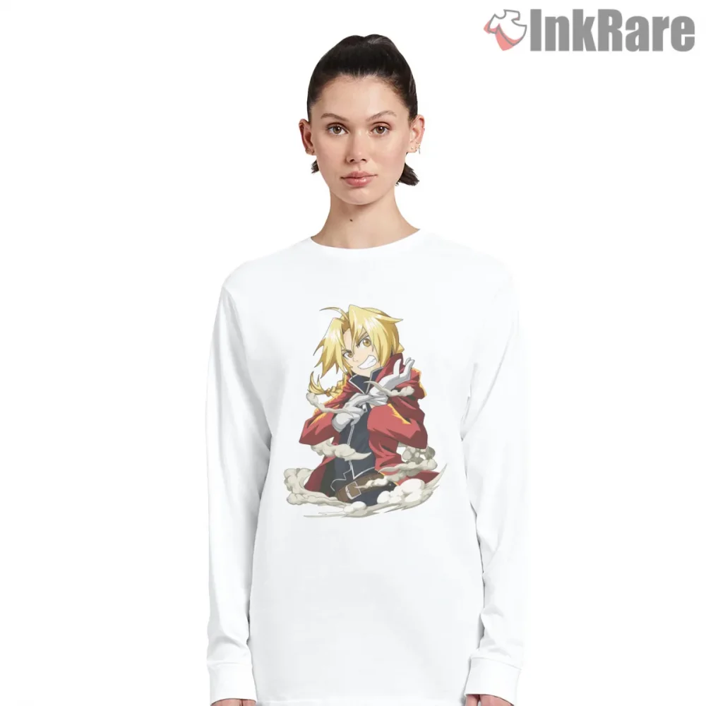 Edward Elric Action Pose Lightning Energy Anime Shirt on white long sleeve shirt for women graphic tee