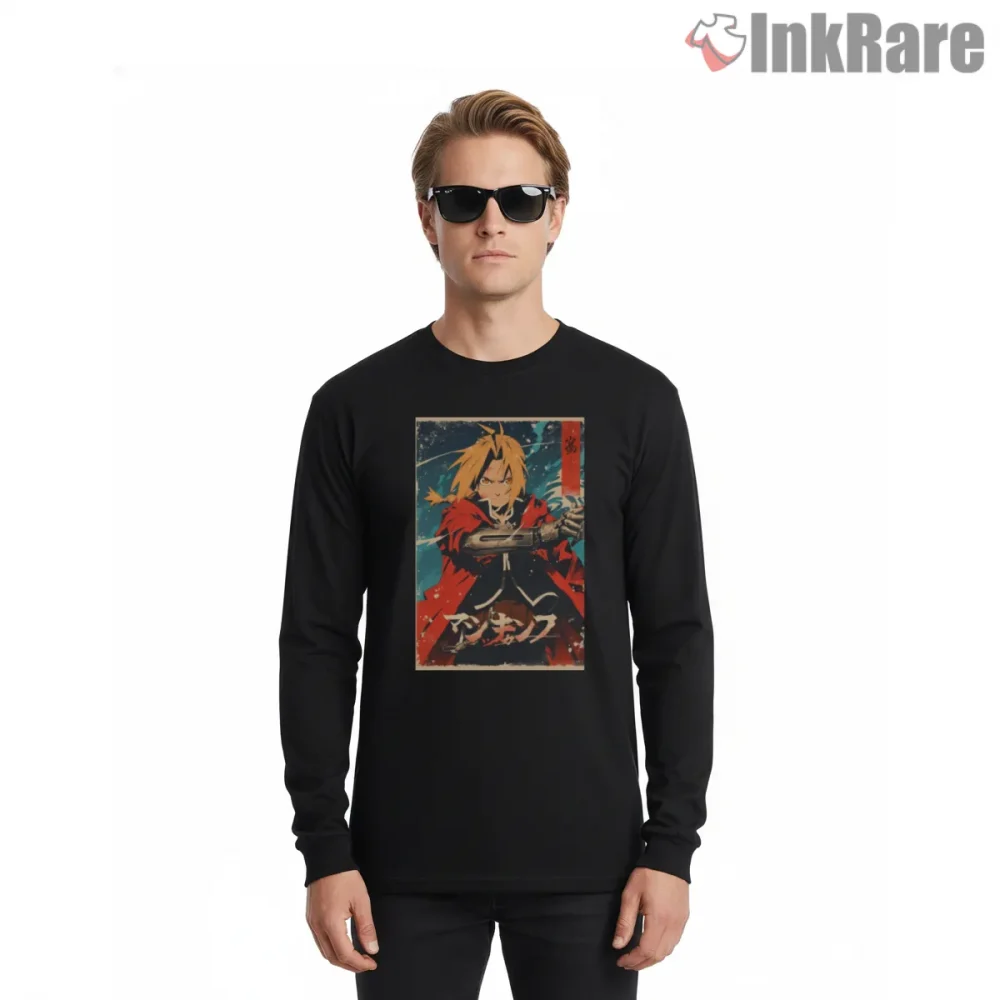Edward Elric Battle Stance Vintage Poster Anime Shirt on black long sleeve shirt for men graphic tee