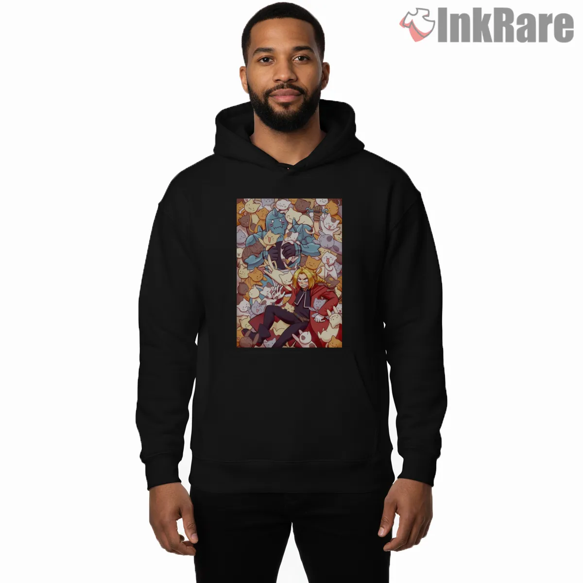 Edward Elric Cats Pattern Cute Humor Anime Hoodie Black Edward Elric Cats Pattern Cute Humor Anime Shirt on black hoodie for men graphic tee