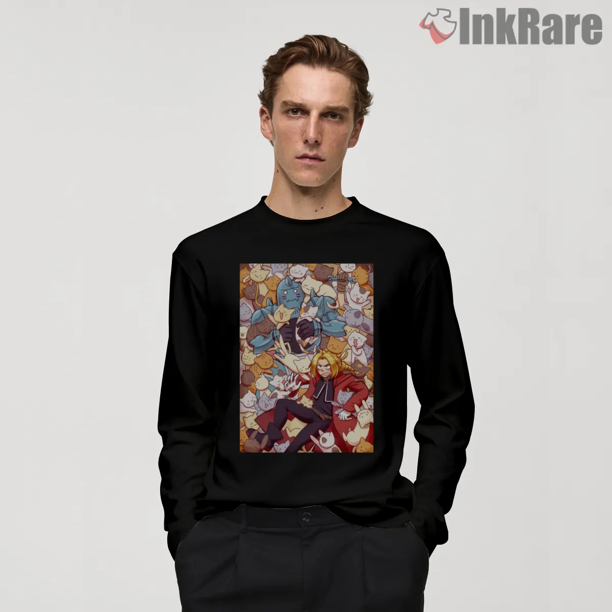 Edward Elric Cats Pattern Cute Humor Anime Long Sleeve Black Edward Elric Cats Pattern Cute Humor Anime Shirt on black long sleeve shirt for men graphic tee