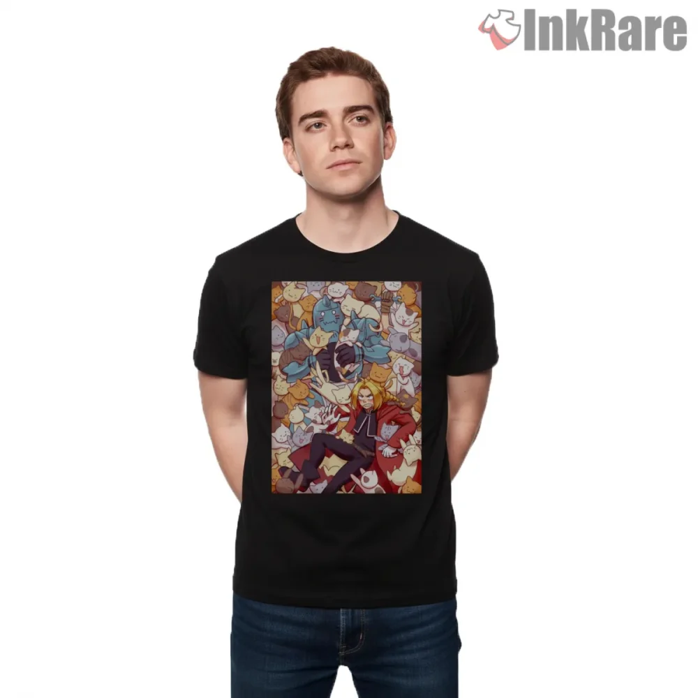 Edward Elric Cats Pattern Cute Humor Anime Shirt on black short sleeve shirt for men graphic tee