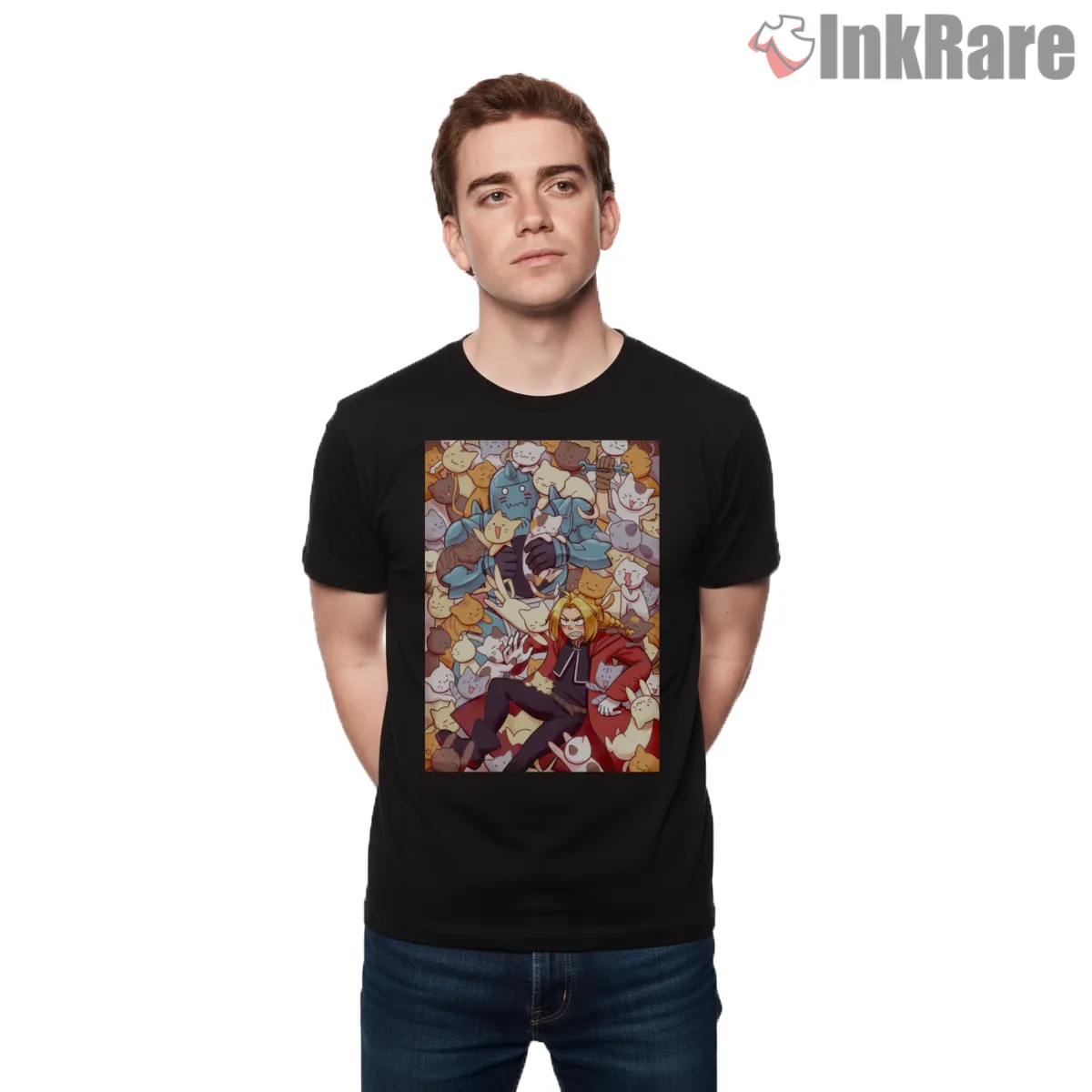 Edward Elric Cats Pattern Cute Humor Anime Short Sleeve Black Edward Elric Cats Pattern Cute Humor Anime Shirt on black short sleeve shirt for men graphic tee