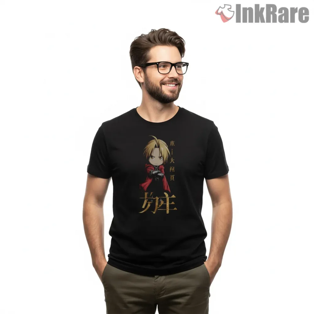 Edward Elric Chibi Gold Minimal Cute Anime Shirt on black short sleeve shirt for men graphic tee