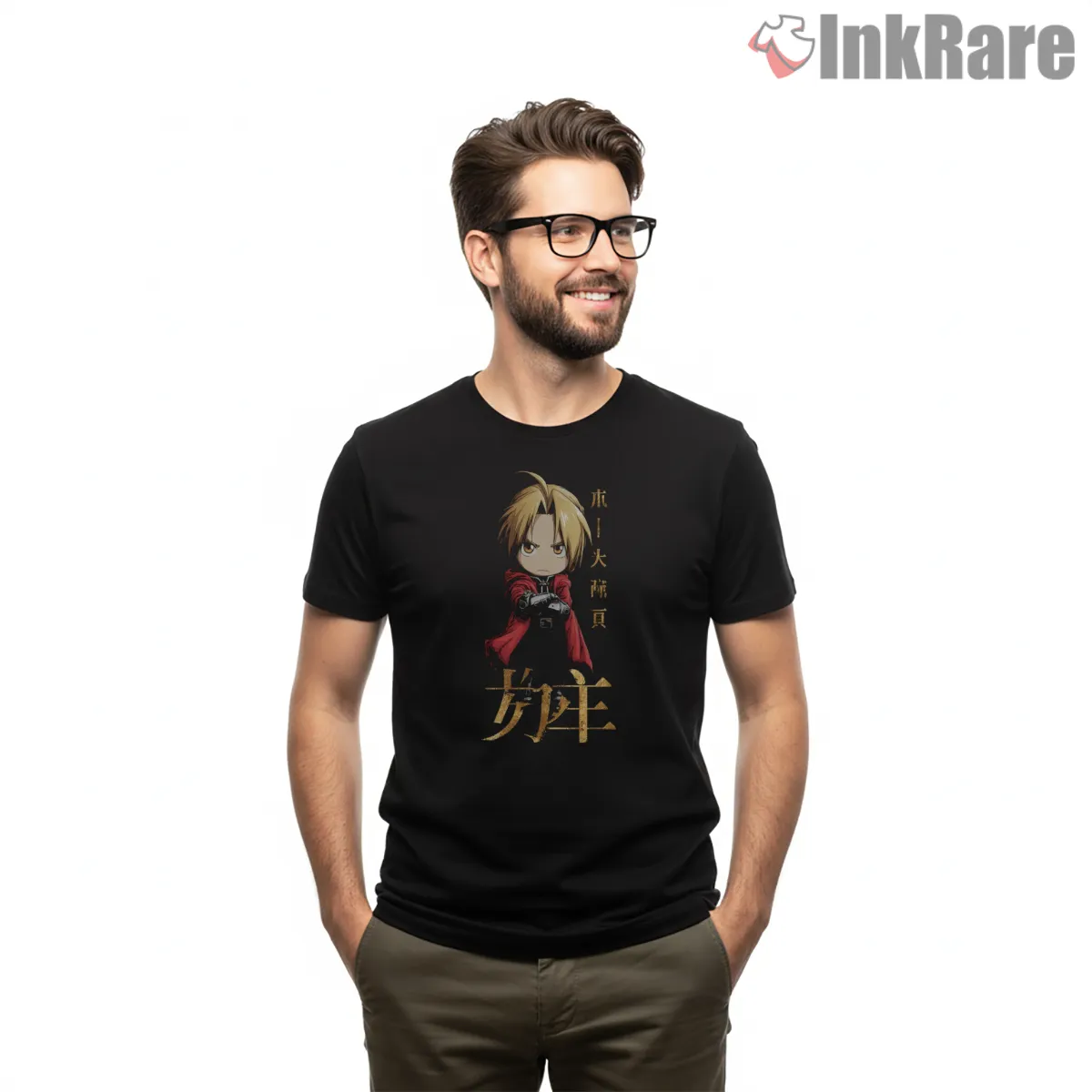 Edward Elric Chibi Gold Minimal Cute Anime Short Sleeve Black Edward Elric Chibi Gold Minimal Cute Anime Shirt on black short sleeve shirt for men graphic tee