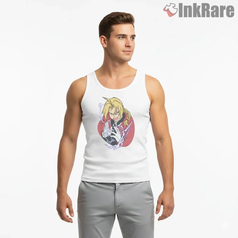 Edward Elric Close Up Red Circle Power Anime Shirt on white tank top for men graphic tee