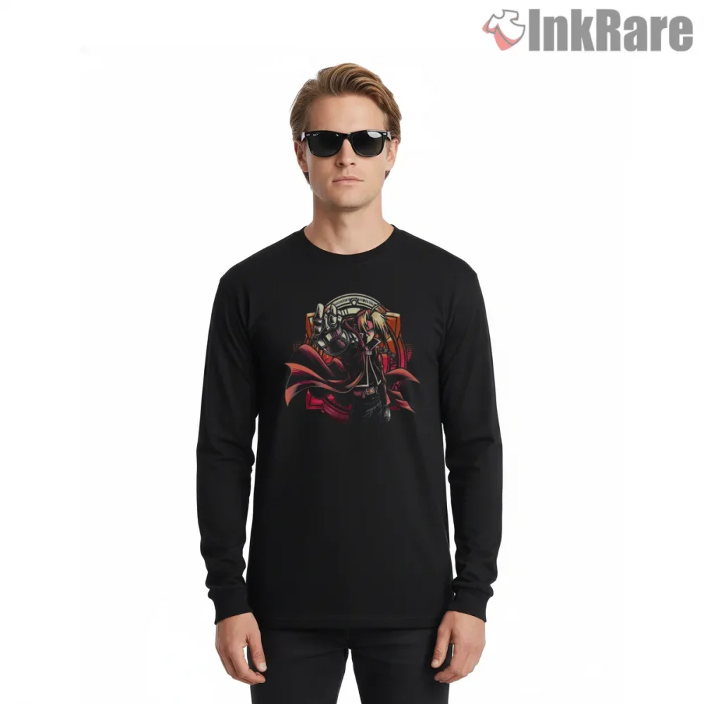 Edward Elric Confident Pose Graphic Detail Anime Shirt on black long sleeve shirt for men graphic tee