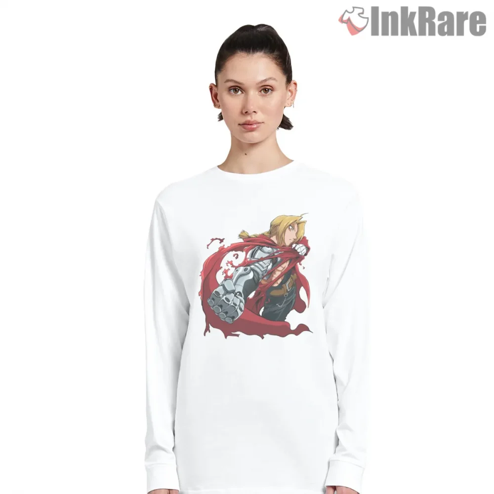 Edward Elric Dynamic Punch Action Pose Anime Shirt on white long sleeve shirt for women graphic tee