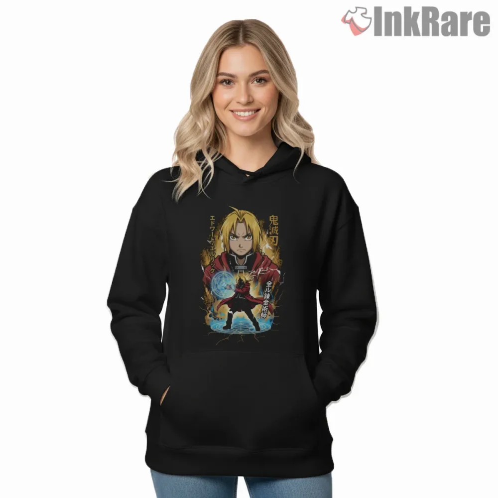Edward Elric Full Body Energy Circle Power Anime Shirt on black hoodie for women graphic tee