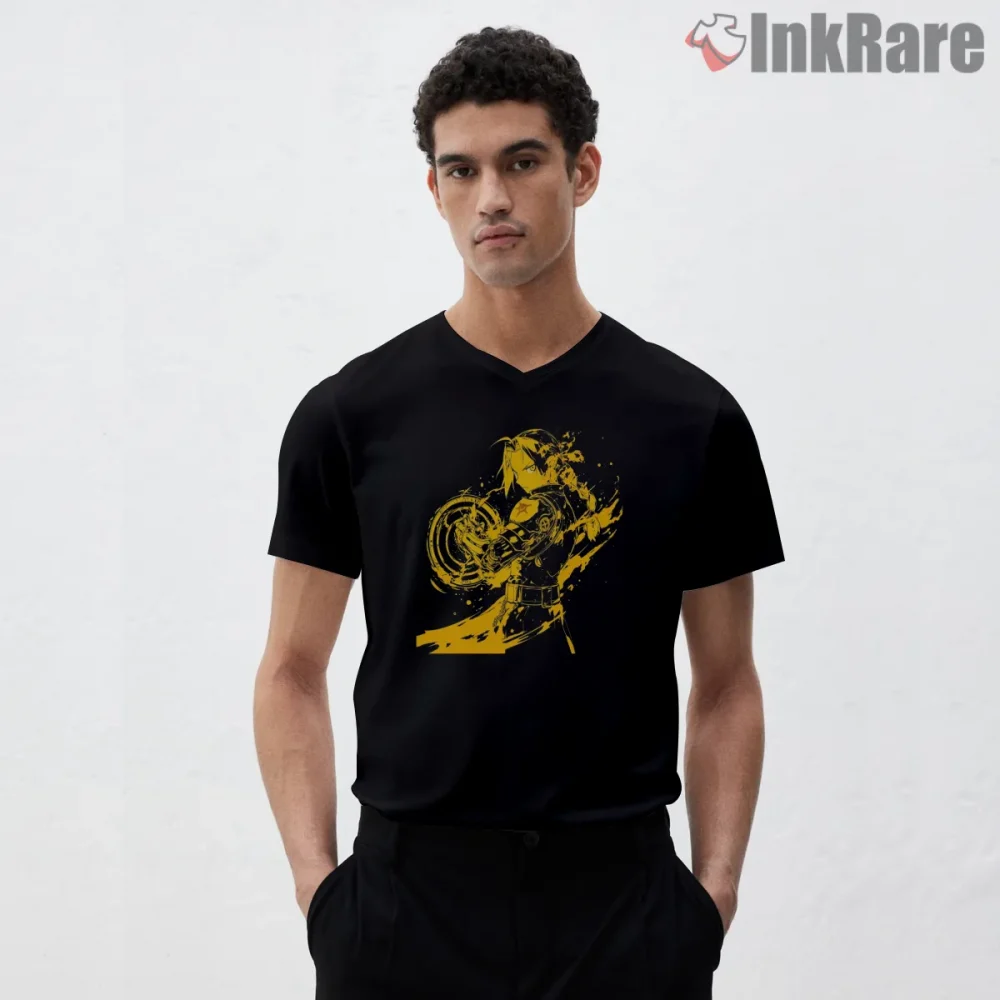 Edward Elric Golden Alchemy Circle Power Anime Shirt on black v-neck shirt for men graphic tee