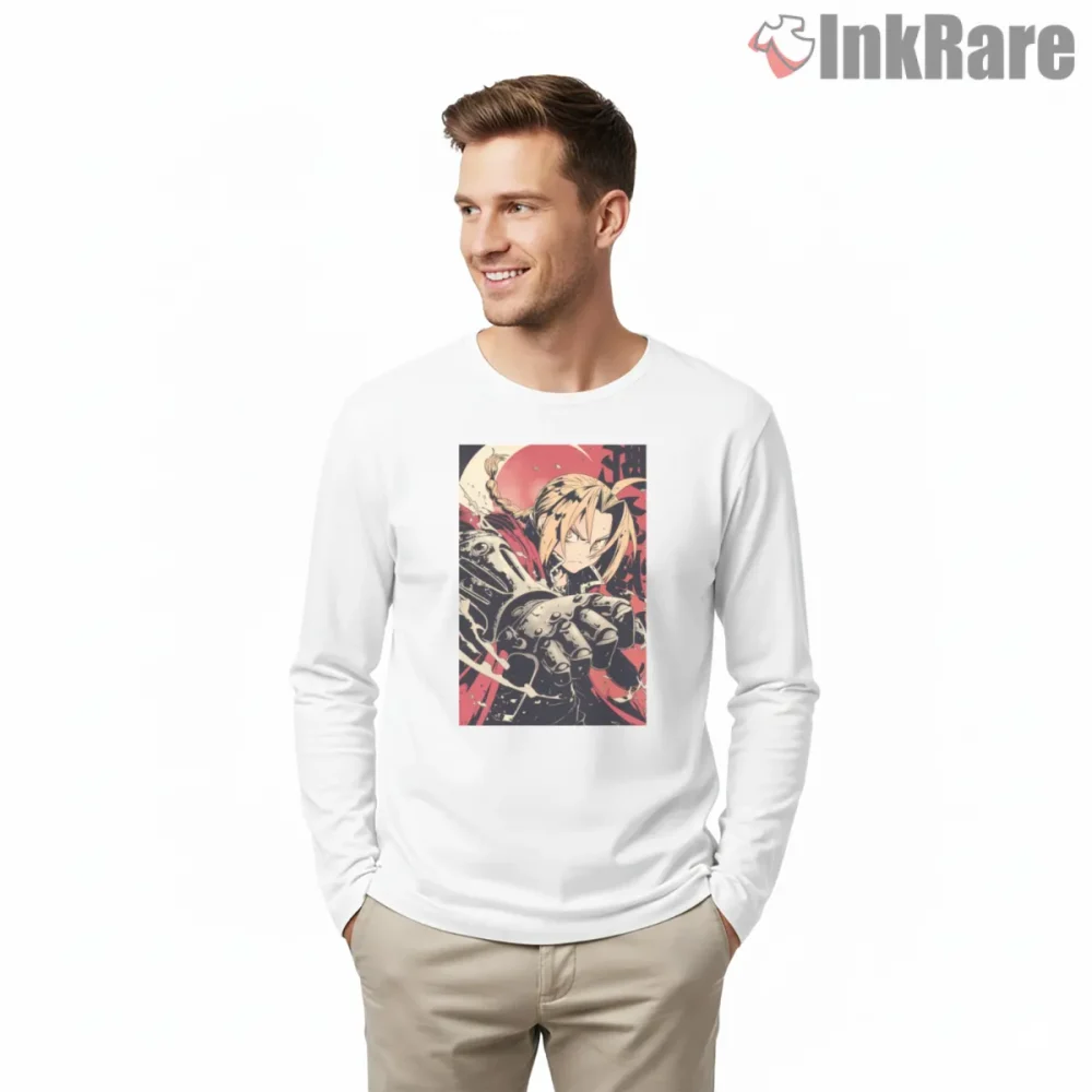 Edward Elric Intense Close Up Red Black Anime Shirt on white long sleeve shirt for men graphic tee