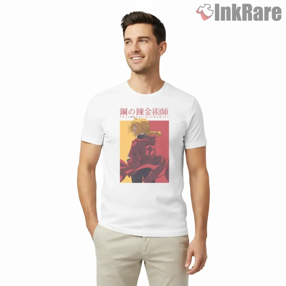 Edward Elric Poster Back View Minimal Anime Shirt on white short sleeve shirt for men graphic tee