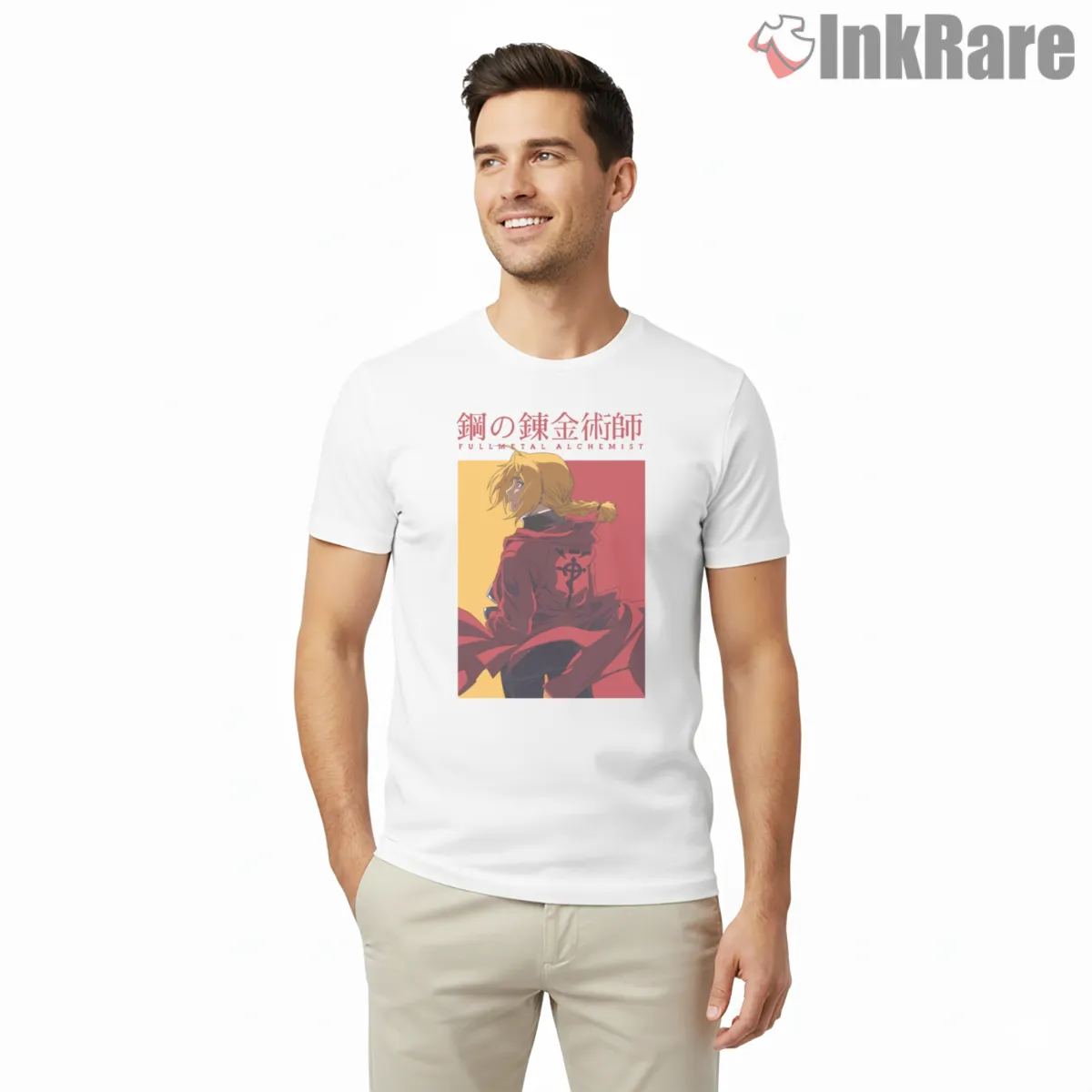 Edward Elric Poster Back View Minimal Anime Short Sleeve White Edward Elric Poster Back View Minimal Anime Shirt on white short sleeve shirt for men graphic tee