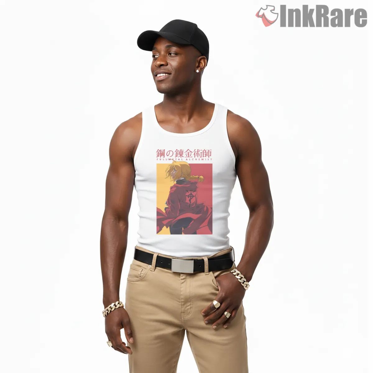 Edward Elric Poster Back View Minimal Anime Tank Top White Edward Elric Poster Back View Minimal Anime Shirt on white tank top for men graphic tee