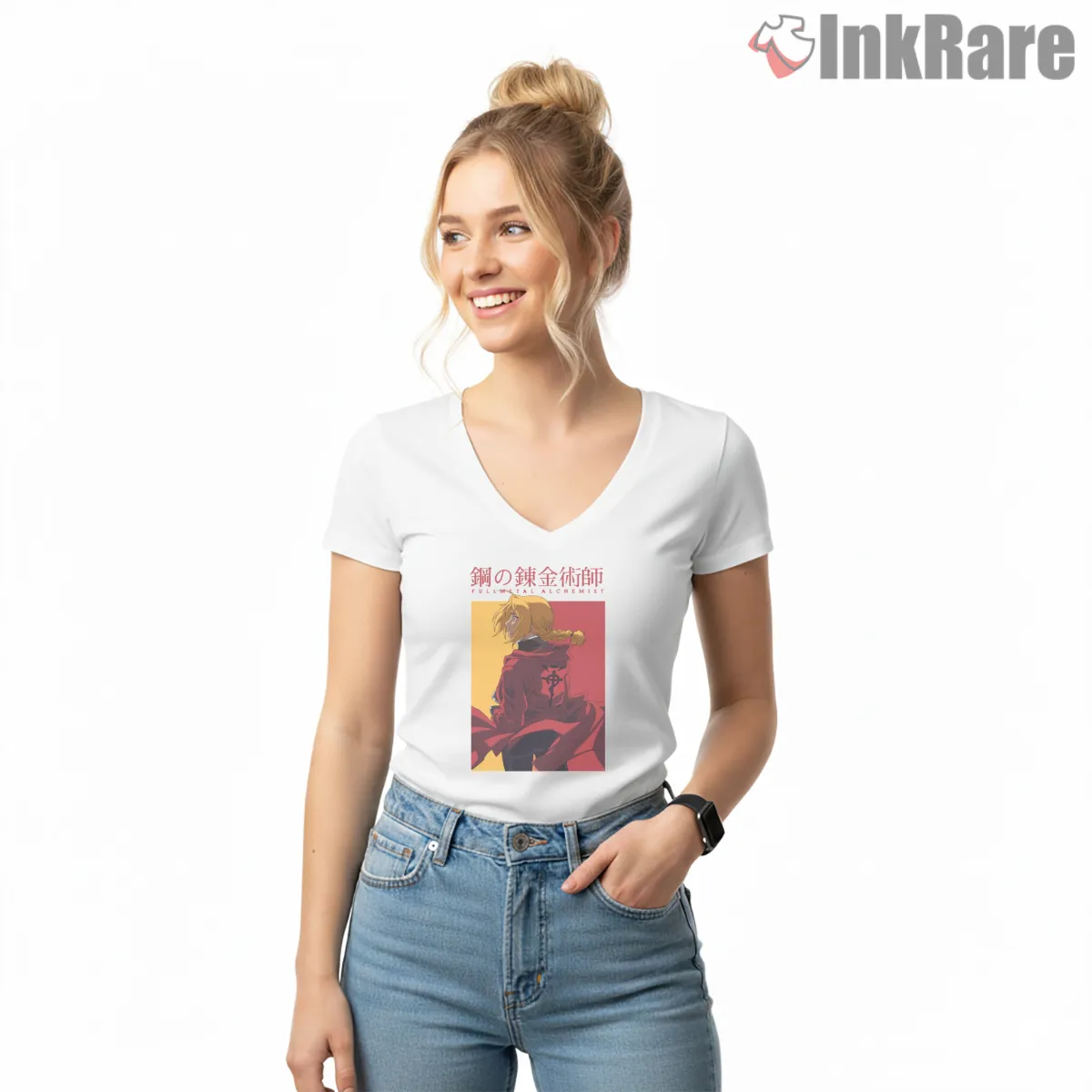Edward Elric Poster Back View Minimal Anime V Neck White Edward Elric Poster Back View Minimal Anime Shirt on white v-neck shirt for women graphic tee