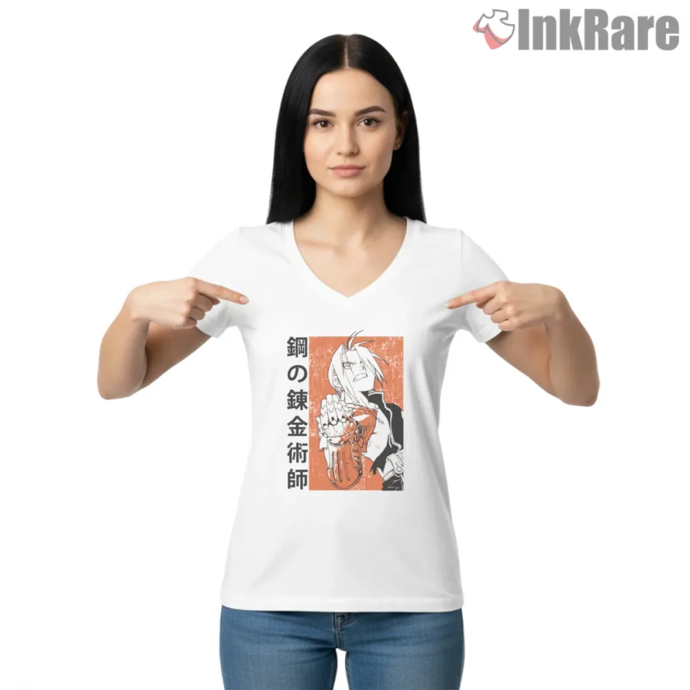 Edward Elric Punch Pose Orange Poster Style Anime Shirt on white v-neck shirt for women graphic tee