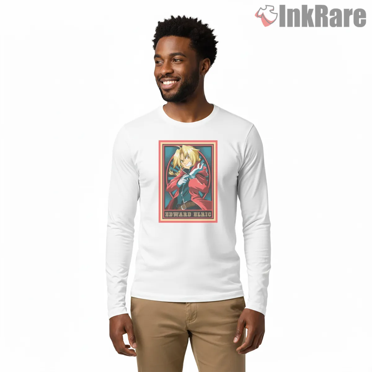 Edward Elric Retro Frame Poster Bold Anime Long Sleeve White Edward Elric Retro Frame Poster Bold Anime Shirt on white long sleeve shirt for men graphic tee