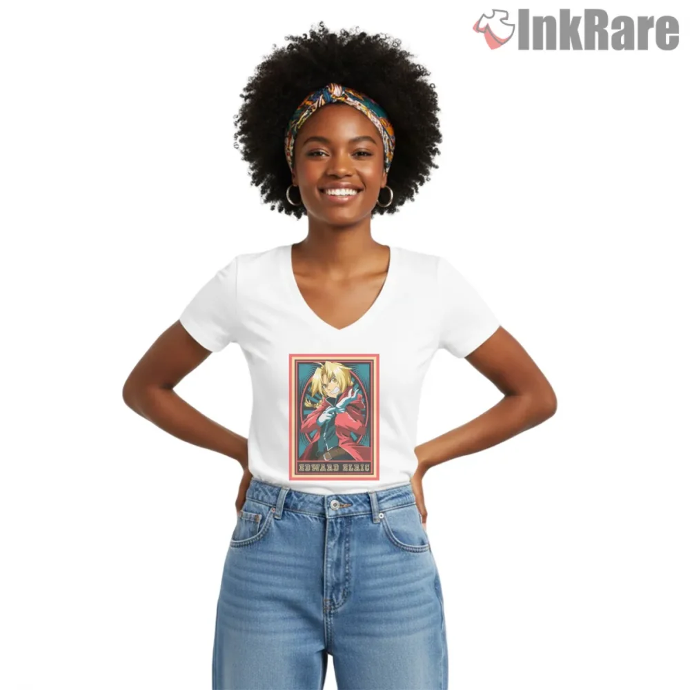 Edward Elric Retro Frame Poster Bold Anime Shirt on white v-neck shirt for women graphic tee