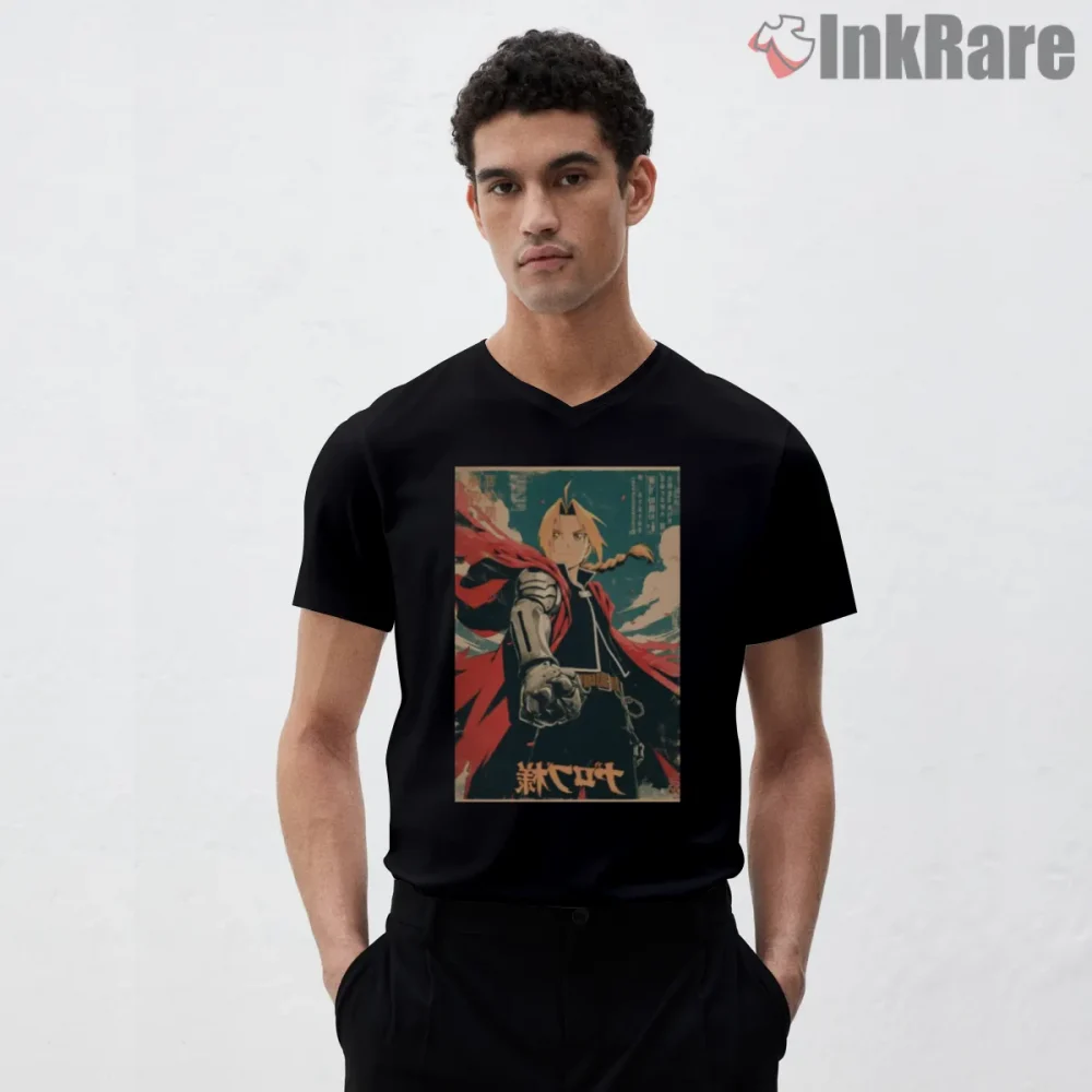 Edward Elric Vintage Poster Style Bold Anime Shirt on black v-neck shirt for men graphic tee