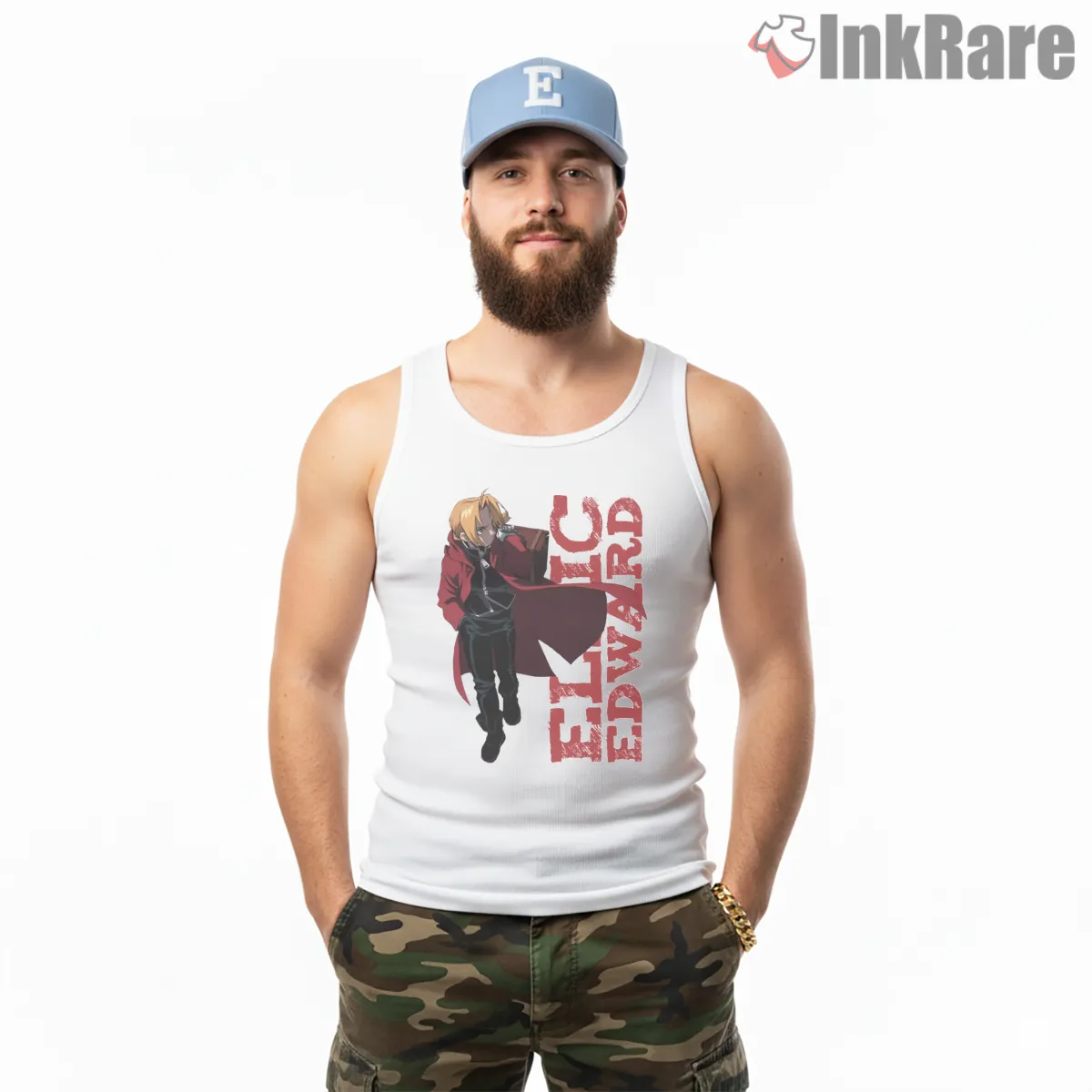 Edward Elric Walking Pose Bold Red Typography Anime Tank Top White Edward Elric Walking Pose Bold Red Typography Anime Shirt on white tank top for men graphic tee