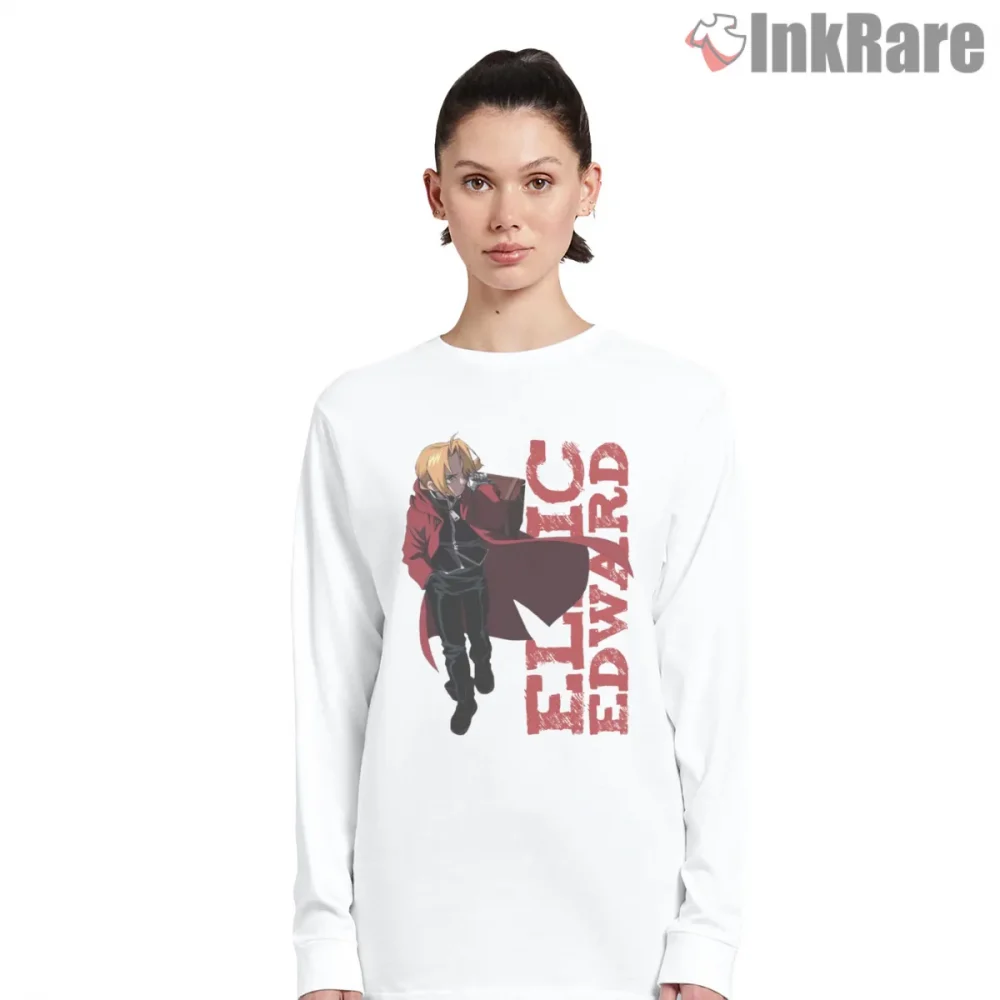 Edward Elric Walking Pose Bold Red Typography Anime Shirt on white long sleeve shirt for women graphic tee