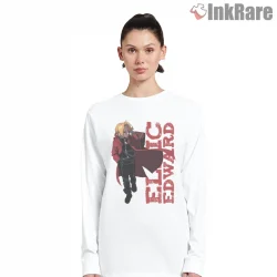 Edward Elric Walking Pose Bold Red Typography Anime Shirt on white long sleeve shirt for women graphic tee